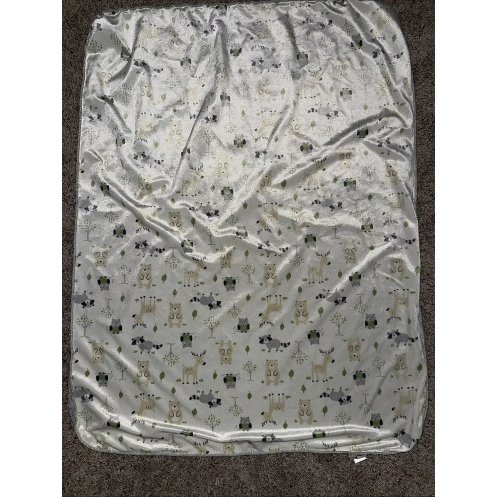Chick Pea Baby Blanket Plush Gray Sherpa Back Raccoon‎ Deer Owl Bear Tree 30x40